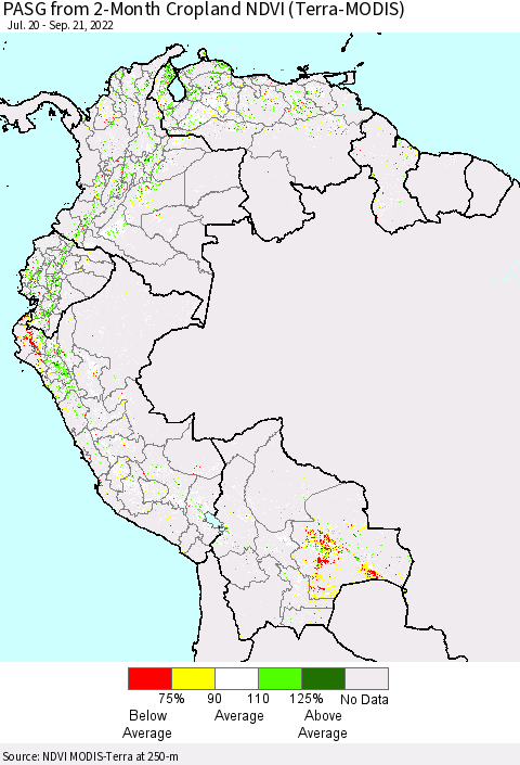 Northern South America PASG from 2-Month Cropland NDVI (Terra-MODIS) Thematic Map For 9/14/2022 - 9/21/2022