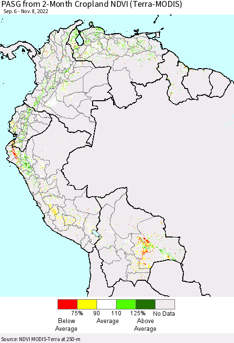 Northern South America PASG from 2-Month Cropland NDVI (Terra-MODIS) Thematic Map For 11/1/2022 - 11/8/2022
