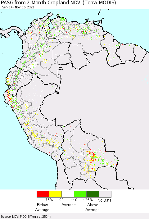 Northern South America PASG from 2-Month Cropland NDVI (Terra-MODIS) Thematic Map For 11/9/2022 - 11/16/2022