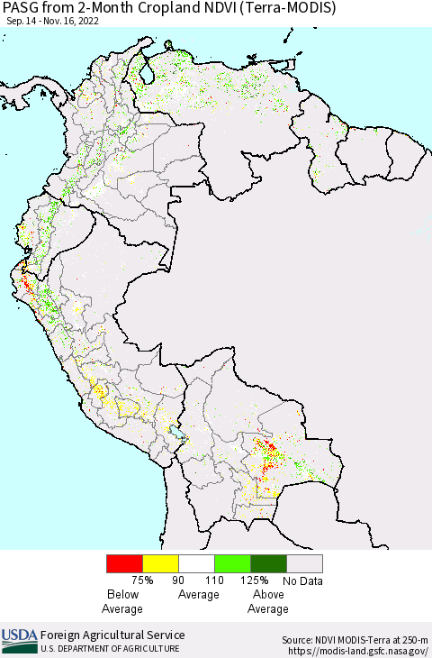 Northern South America PASG from 2-Month Cropland NDVI (Terra-MODIS) Thematic Map For 11/11/2022 - 11/20/2022