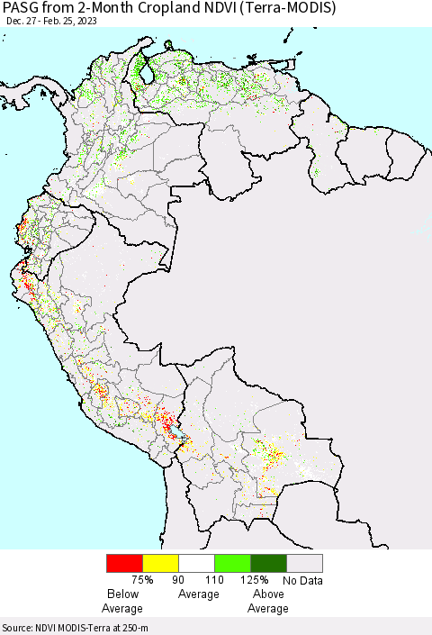 Northern South America PASG from 2-Month Cropland NDVI (Terra-MODIS) Thematic Map For 2/18/2023 - 2/25/2023