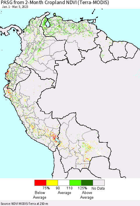 Northern South America PASG from 2-Month Cropland NDVI (Terra-MODIS) Thematic Map For 2/26/2023 - 3/5/2023