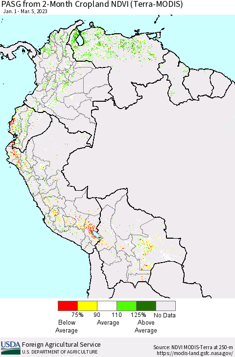 Northern South America PASG from 2-Month Cropland NDVI (Terra-MODIS) Thematic Map For 3/1/2023 - 3/10/2023