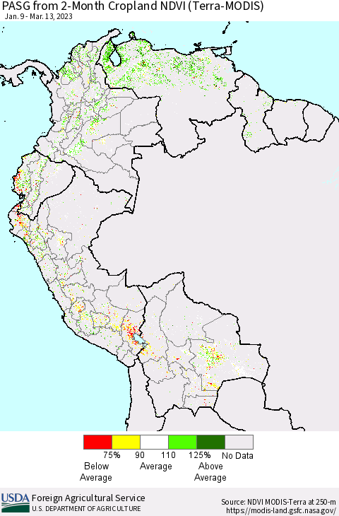 Northern South America PASG from 2-Month Cropland NDVI (Terra-MODIS) Thematic Map For 3/11/2023 - 3/20/2023