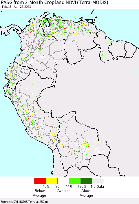 Northern South America PASG from 2-Month Cropland NDVI (Terra-MODIS) Thematic Map For 4/15/2023 - 4/22/2023