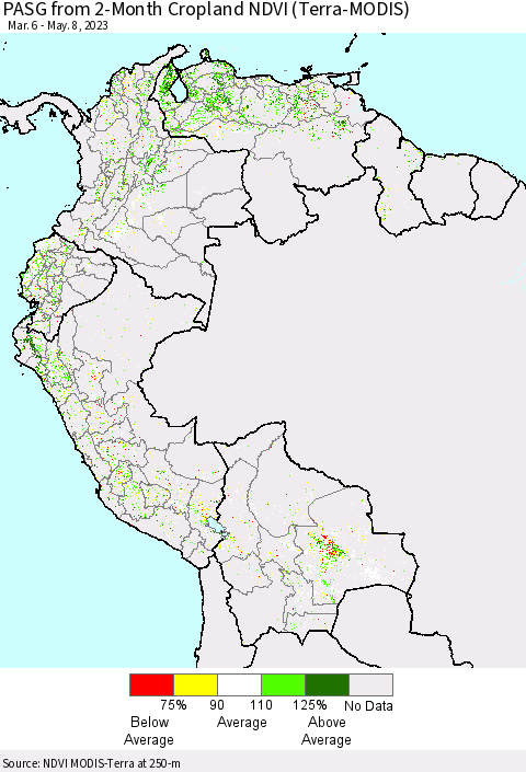 Northern South America PASG from 2-Month Cropland NDVI (Terra-MODIS) Thematic Map For 5/1/2023 - 5/8/2023