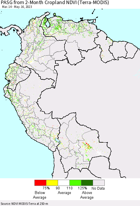 Northern South America PASG from 2-Month Cropland NDVI (Terra-MODIS) Thematic Map For 5/9/2023 - 5/16/2023