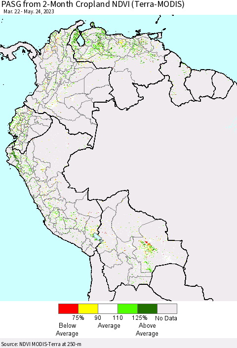 Northern South America PASG from 2-Month Cropland NDVI (Terra-MODIS) Thematic Map For 5/17/2023 - 5/24/2023