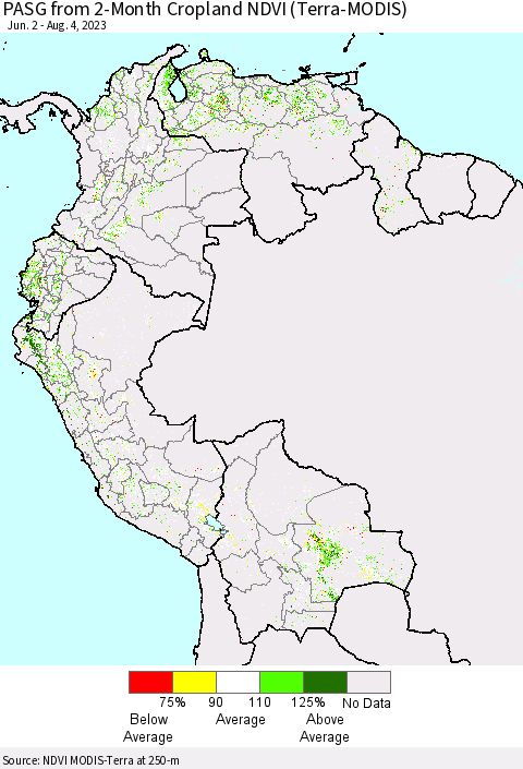 Northern South America PASG from 2-Month Cropland NDVI (Terra-MODIS) Thematic Map For 7/28/2023 - 8/4/2023