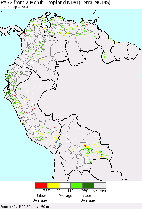Northern South America PASG from 2-Month Cropland NDVI (Terra-MODIS) Thematic Map For 8/29/2023 - 9/5/2023