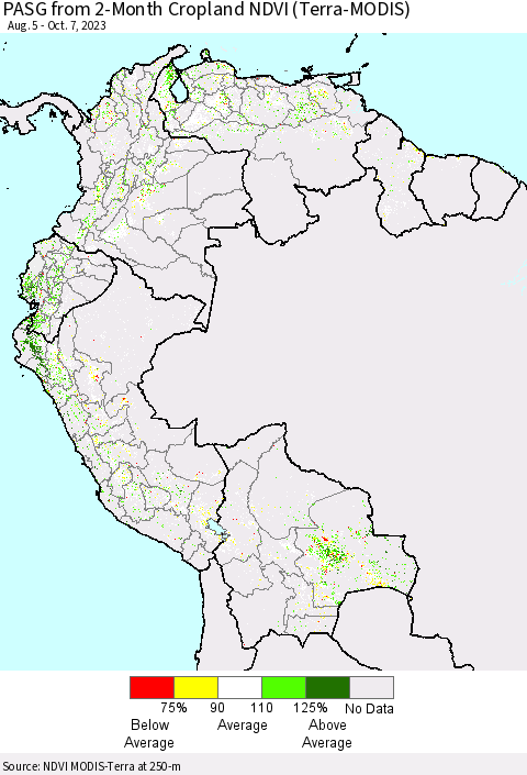Northern South America PASG from 2-Month Cropland NDVI (Terra-MODIS) Thematic Map For 9/30/2023 - 10/7/2023