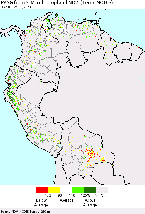 Northern South America PASG from 2-Month Cropland NDVI (Terra-MODIS) Thematic Map For 12/3/2023 - 12/10/2023