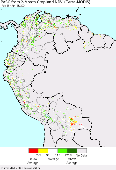 Northern South America PASG from 2-Month Cropland NDVI (Terra-MODIS) Thematic Map For 4/14/2024 - 4/21/2024