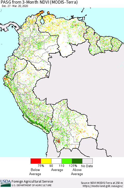 Northern South America PASG from 3-Month NDVI (Terra-MODIS) Thematic Map For 3/11/2020 - 3/20/2020