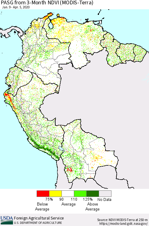 Northern South America PASG from 3-Month NDVI (Terra-MODIS) Thematic Map For 4/1/2020 - 4/10/2020