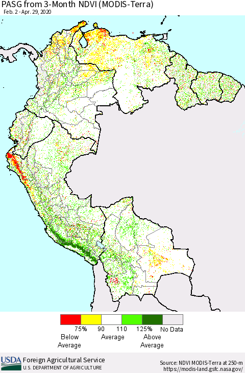 Northern South America PASG from 3-Month NDVI (Terra-MODIS) Thematic Map For 4/21/2020 - 4/30/2020