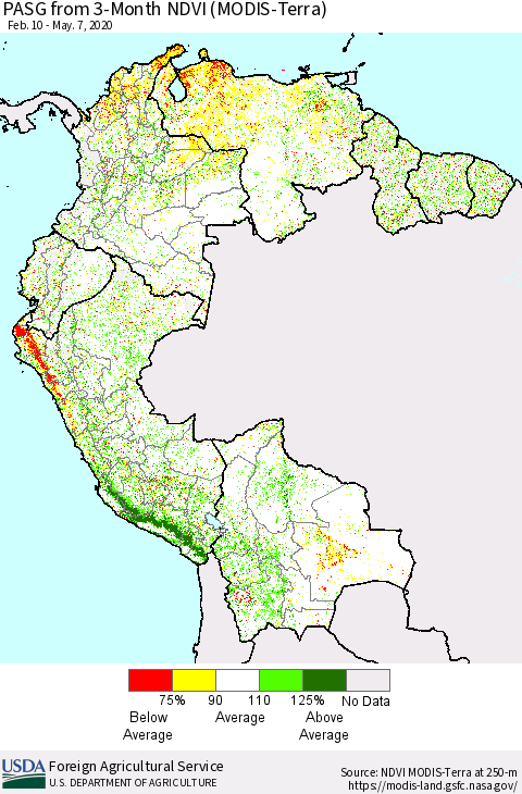 Northern South America PASG from 3-Month NDVI (Terra-MODIS) Thematic Map For 5/1/2020 - 5/10/2020