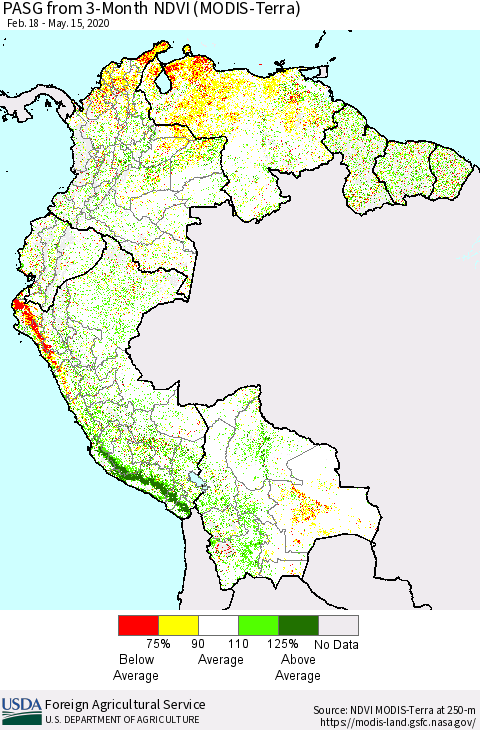 Northern South America PASG from 3-Month NDVI (Terra-MODIS) Thematic Map For 5/11/2020 - 5/20/2020