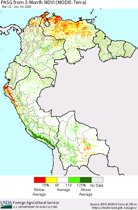 Northern South America PASG from 3-Month NDVI (Terra-MODIS) Thematic Map For 6/11/2020 - 6/20/2020