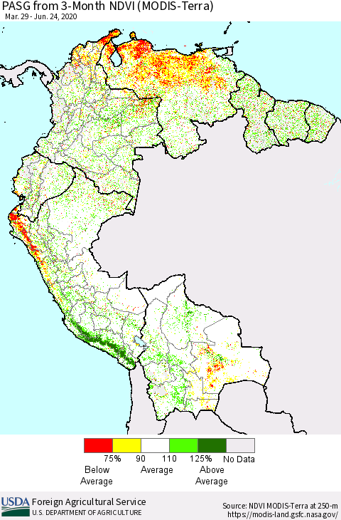Northern South America PASG from 3-Month NDVI (Terra-MODIS) Thematic Map For 6/21/2020 - 6/30/2020