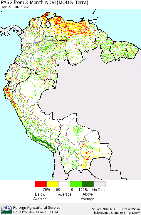 Northern South America PASG from 3-Month NDVI (Terra-MODIS) Thematic Map For 7/11/2020 - 7/20/2020