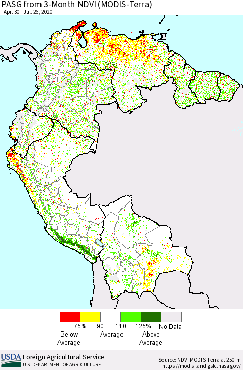 Northern South America PASG from 3-Month NDVI (Terra-MODIS) Thematic Map For 7/21/2020 - 7/31/2020