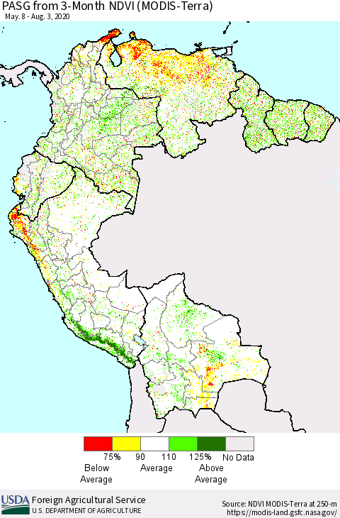 Northern South America PASG from 3-Month NDVI (Terra-MODIS) Thematic Map For 8/1/2020 - 8/10/2020