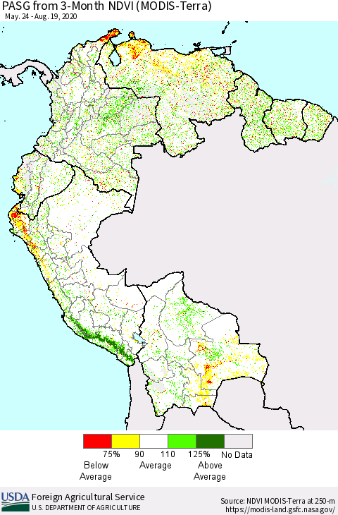 Northern South America PASG from 3-Month NDVI (Terra-MODIS) Thematic Map For 8/11/2020 - 8/20/2020