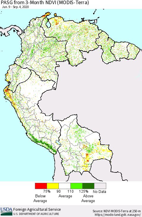 Northern South America PASG from 3-Month NDVI (Terra-MODIS) Thematic Map For 9/1/2020 - 9/10/2020