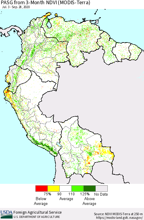 Northern South America PASG from 3-Month NDVI (Terra-MODIS) Thematic Map For 9/21/2020 - 9/30/2020