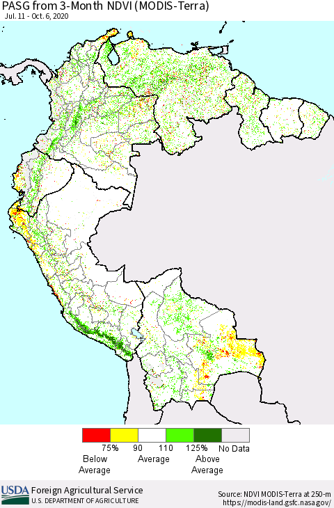 Northern South America PASG from 3-Month NDVI (Terra-MODIS) Thematic Map For 10/1/2020 - 10/10/2020