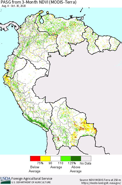 Northern South America PASG from 3-Month NDVI (Terra-MODIS) Thematic Map For 10/21/2020 - 10/31/2020
