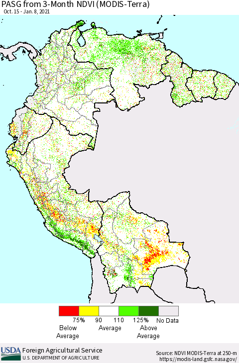 Northern South America PASG from 3-Month NDVI (Terra-MODIS) Thematic Map For 1/1/2021 - 1/10/2021