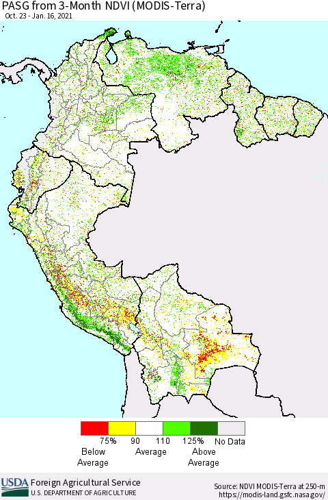 Northern South America PASG from 3-Month NDVI (Terra-MODIS) Thematic Map For 1/11/2021 - 1/20/2021