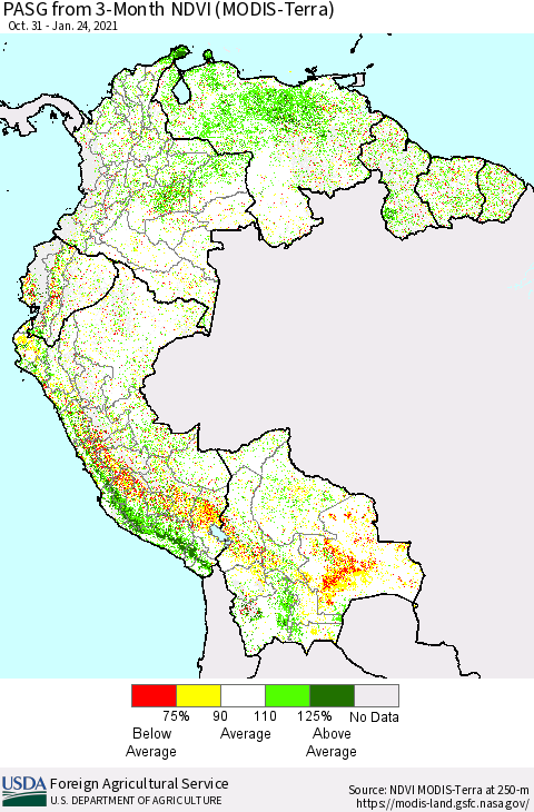 Northern South America PASG from 3-Month NDVI (Terra-MODIS) Thematic Map For 1/21/2021 - 1/31/2021