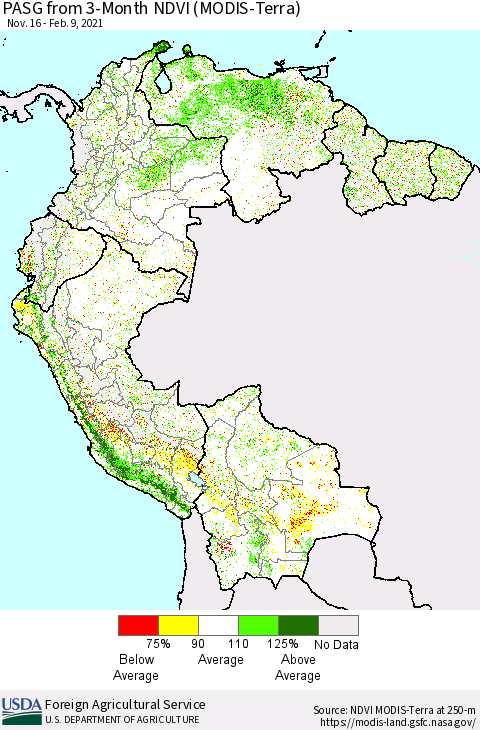 Northern South America PASG from 3-Month NDVI (Terra-MODIS) Thematic Map For 2/1/2021 - 2/10/2021