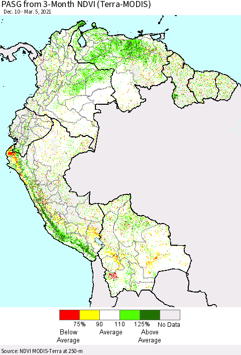 Northern South America PASG from 3-Month NDVI (Terra-MODIS) Thematic Map For 2/26/2021 - 3/5/2021