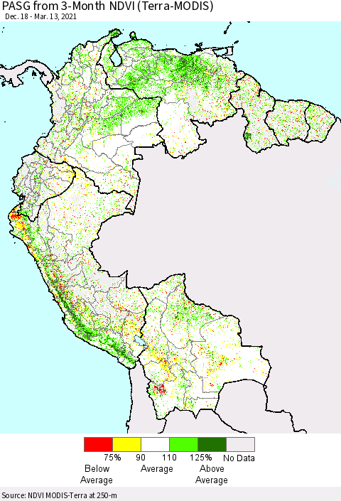 Northern South America PASG from 3-Month NDVI (Terra-MODIS) Thematic Map For 3/6/2021 - 3/13/2021