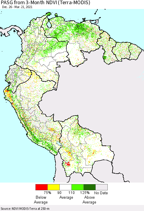 Northern South America PASG from 3-Month NDVI (Terra-MODIS) Thematic Map For 3/14/2021 - 3/21/2021