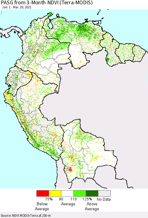Northern South America PASG from 3-Month NDVI (Terra-MODIS) Thematic Map For 3/22/2021 - 3/29/2021
