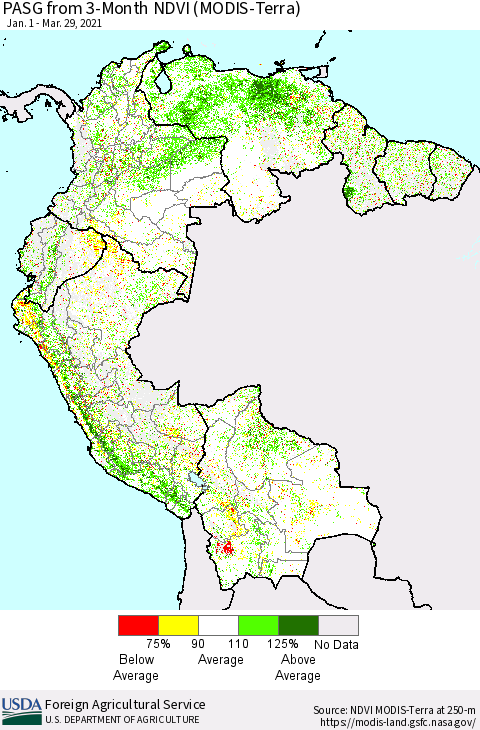 Northern South America PASG from 3-Month NDVI (MODIS-Terra) Thematic Map For 3/21/2021 - 3/31/2021