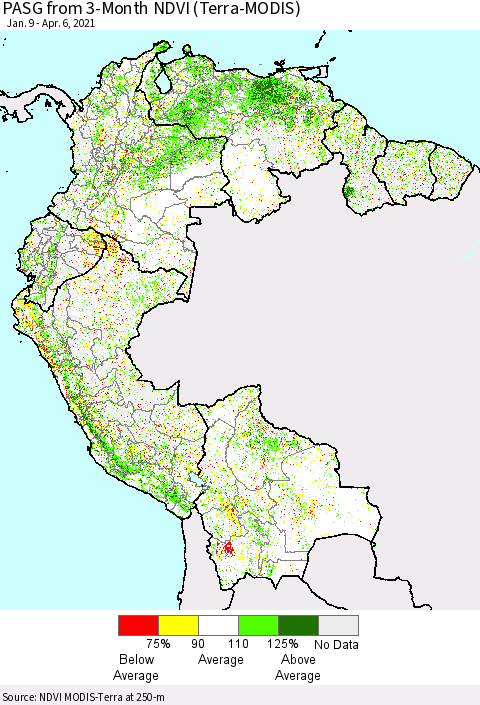 Northern South America PASG from 3-Month NDVI (Terra-MODIS) Thematic Map For 3/30/2021 - 4/6/2021