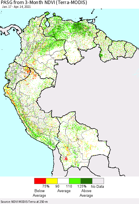 Northern South America PASG from 3-Month NDVI (Terra-MODIS) Thematic Map For 4/7/2021 - 4/14/2021