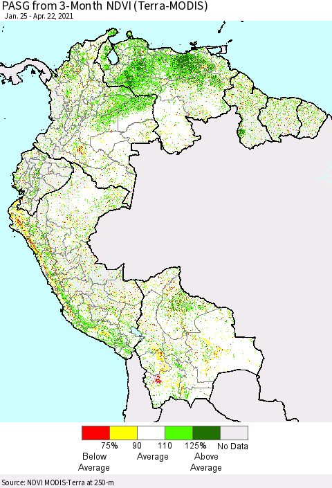 Northern South America PASG from 3-Month NDVI (Terra-MODIS) Thematic Map For 4/15/2021 - 4/22/2021