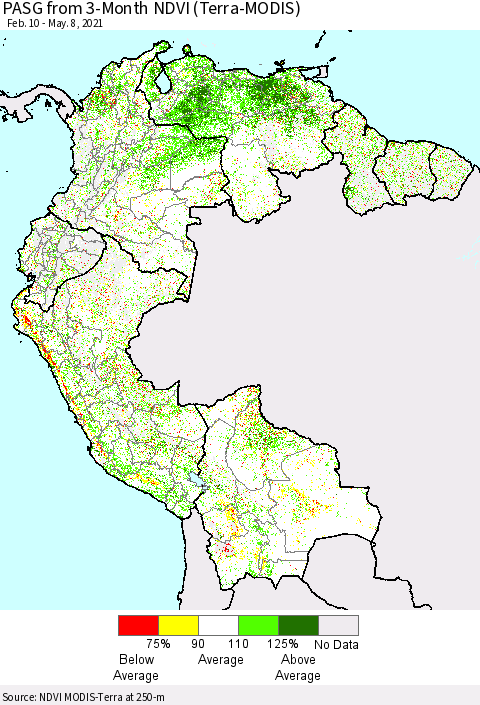 Northern South America PASG from 3-Month NDVI (Terra-MODIS) Thematic Map For 5/1/2021 - 5/8/2021