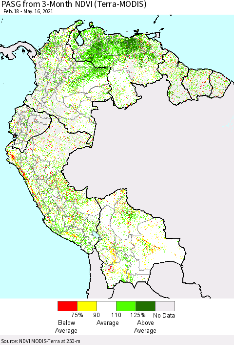 Northern South America PASG from 3-Month NDVI (Terra-MODIS) Thematic Map For 5/9/2021 - 5/16/2021