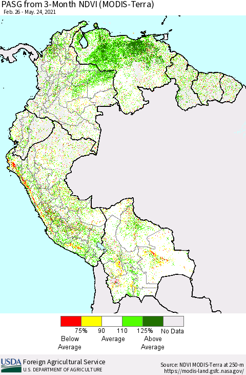 Northern South America PASG from 3-Month NDVI (Terra-MODIS) Thematic Map For 5/21/2021 - 5/31/2021