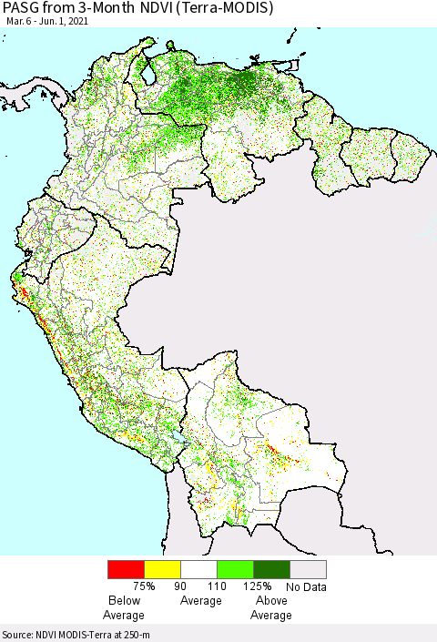 Northern South America PASG from 3-Month NDVI (Terra-MODIS) Thematic Map For 5/25/2021 - 6/1/2021