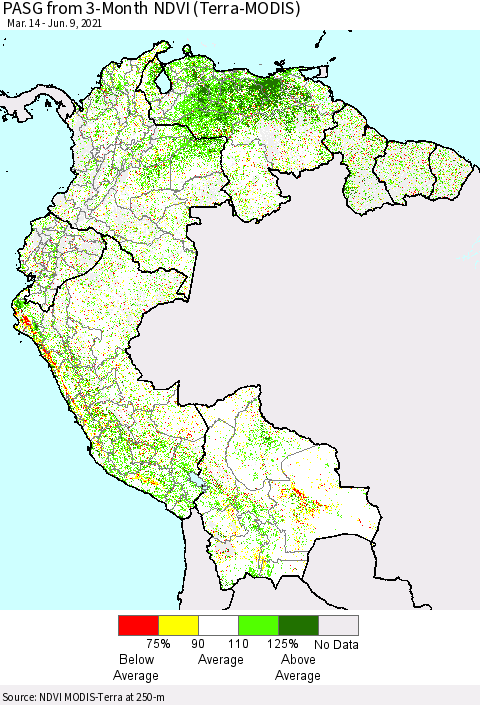Northern South America PASG from 3-Month NDVI (Terra-MODIS) Thematic Map For 6/2/2021 - 6/9/2021