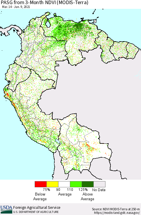 Northern South America PASG from 3-Month NDVI (Terra-MODIS) Thematic Map For 6/1/2021 - 6/10/2021